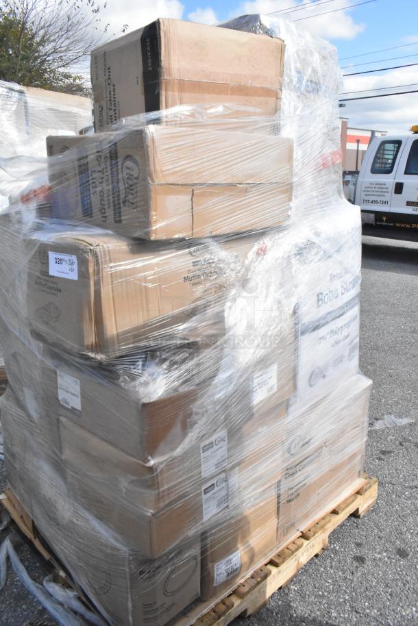 Shrink-wrapped pallet with brand new scratch and dent items including T-shirt bags, plates, cups, and tongs; boxes labeled 20 times your bid.