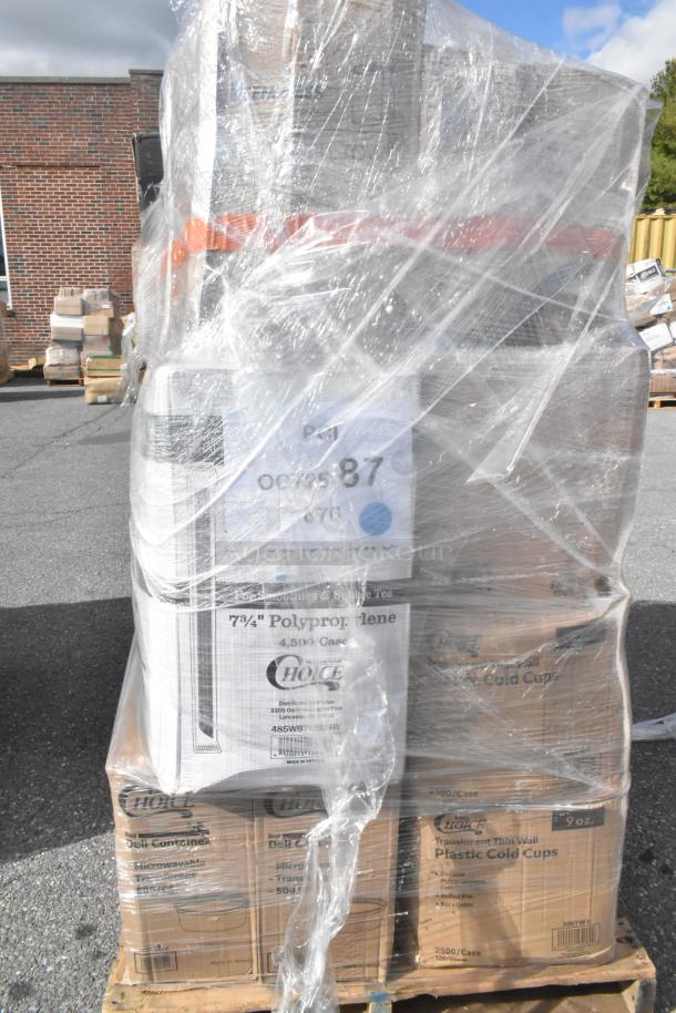 Pallet with new scratch and dent items: T-shirt bags, plates, cold cups, tongs. Wrapped in plastic, marked for auction.