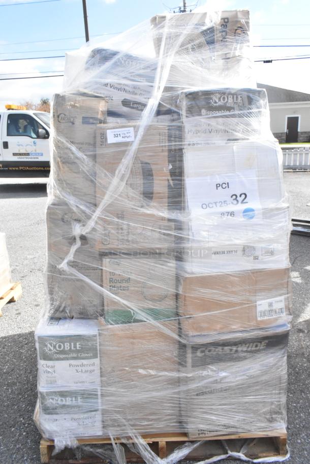 Pallet of 27 scratch and dent items, including Noble gloves, Choice plates, and hot cups, wrapped in plastic with visible labels.