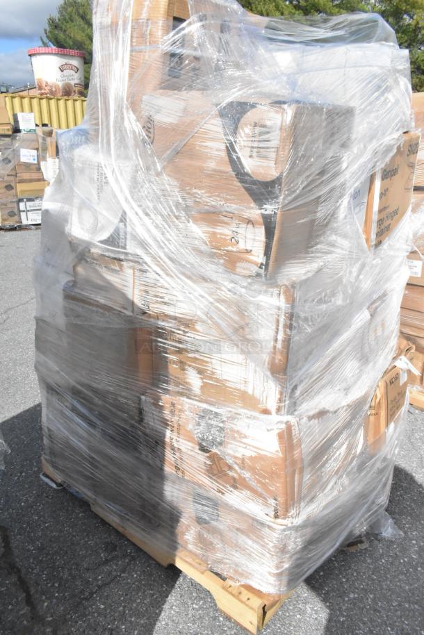 Pallet of 27 brand new scratch and dent items wrapped in plastic, including plates, gloves, and hot cups.