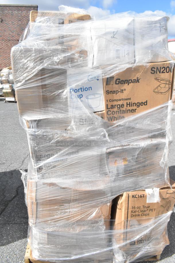Pallet with 27 new scratch and dent items, including Genpak containers and Kal-Clear cups. Wrapped in plastic.