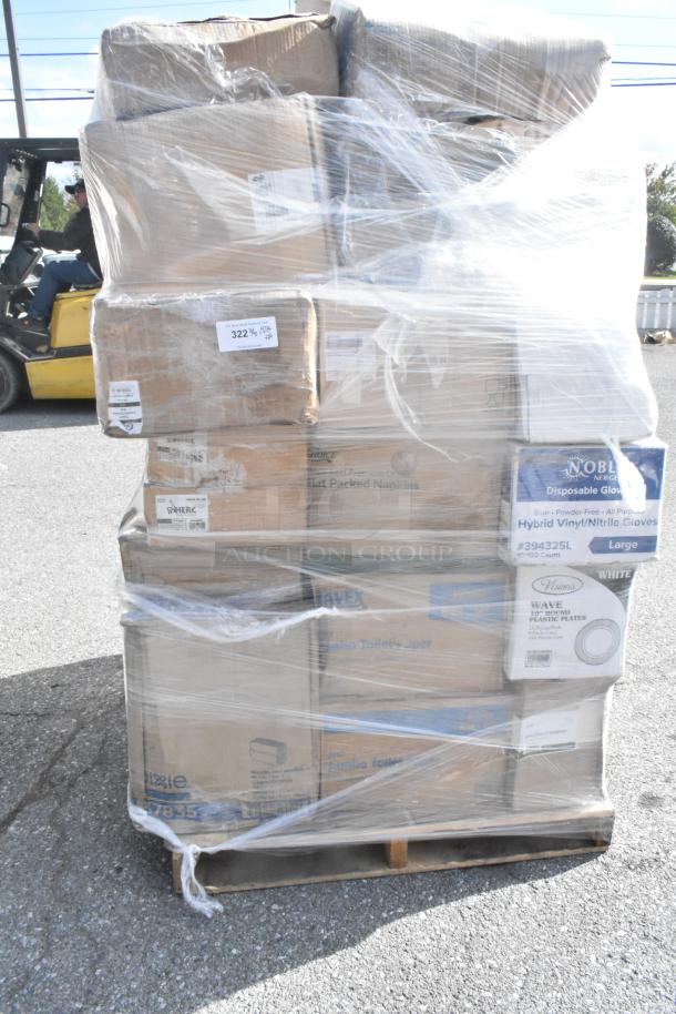 Plastic-wrapped pallet with boxes containing brand new disposable items including napkins, lids, knives, and hot cups.
