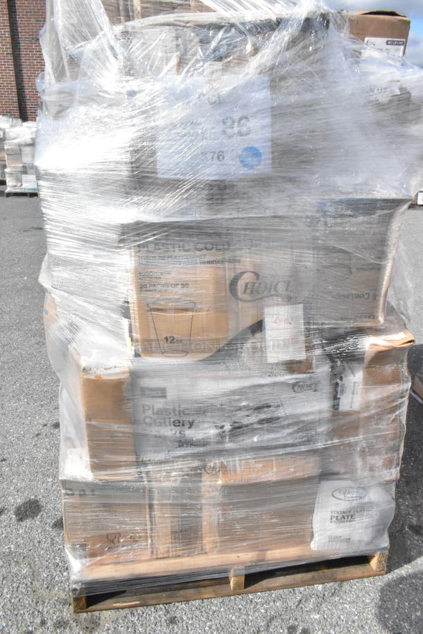 Plastic-wrapped pallet of brand new scratch and dent items, including napkins, lids, knives, and hot cups, ready for auction.