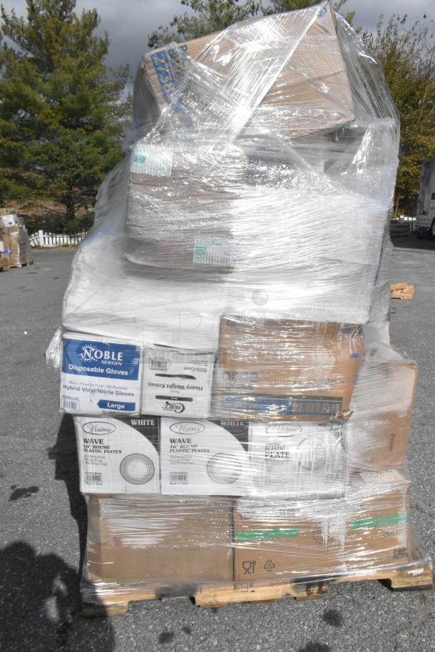 Pallet wrapped with 26 new scratch and dent items, including Noble gloves and Visions plates. Various brands visible.