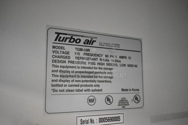Turbo Air TGM-69R label showing model, voltage 115, refrigerant R-134a, design pressure, NSF, UL certifications. Made in Korea.