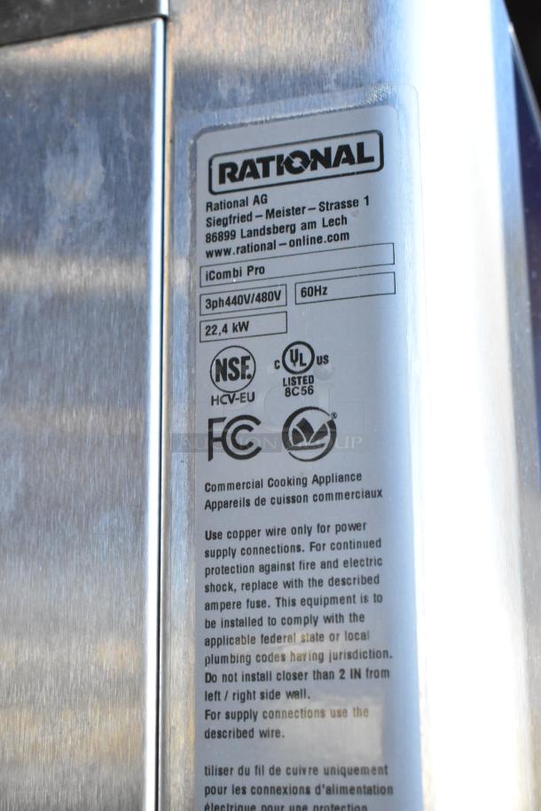 Rational iCombiPro convection oven label. Stainless steel, 440/480V, 3 phase, 22.4 kW. UL, NSF, FCC certifications.