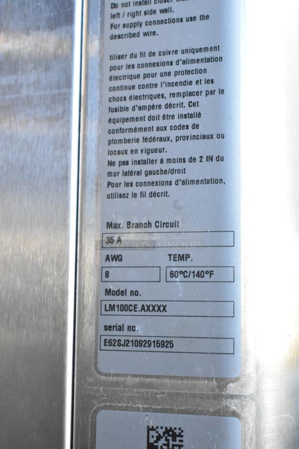 Stainless steel label shows Rational iCombiPro convection oven model LM100CE.AXXXX, 35A, 60°C/140°F.