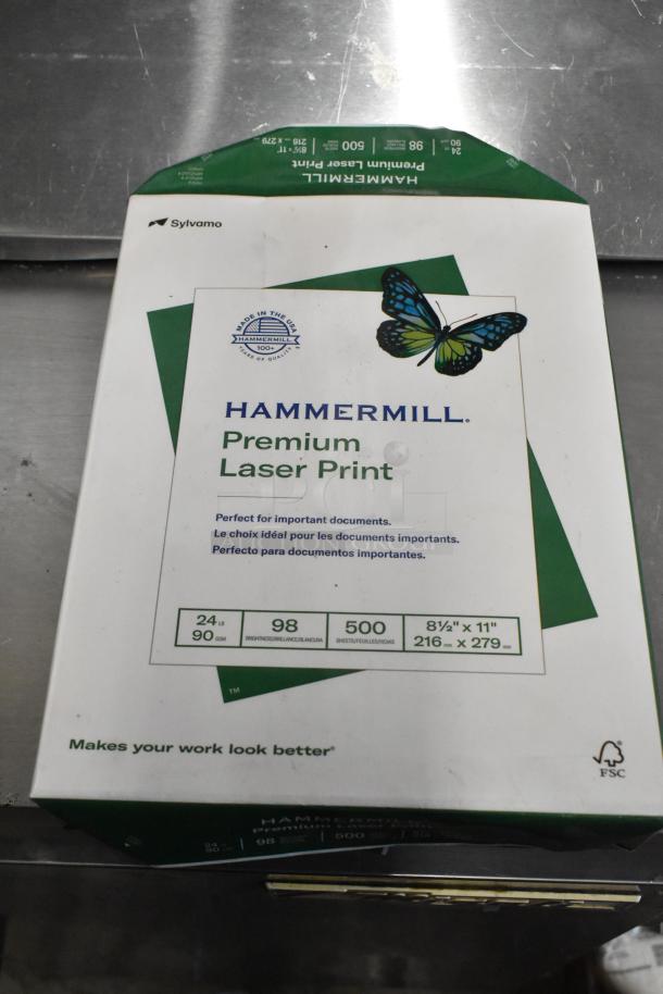 Hammermill Premium Laser Print paper ream, 500 sheets, 8.5x11 inches, 24 lb, 98 brightness, shown with packaging.