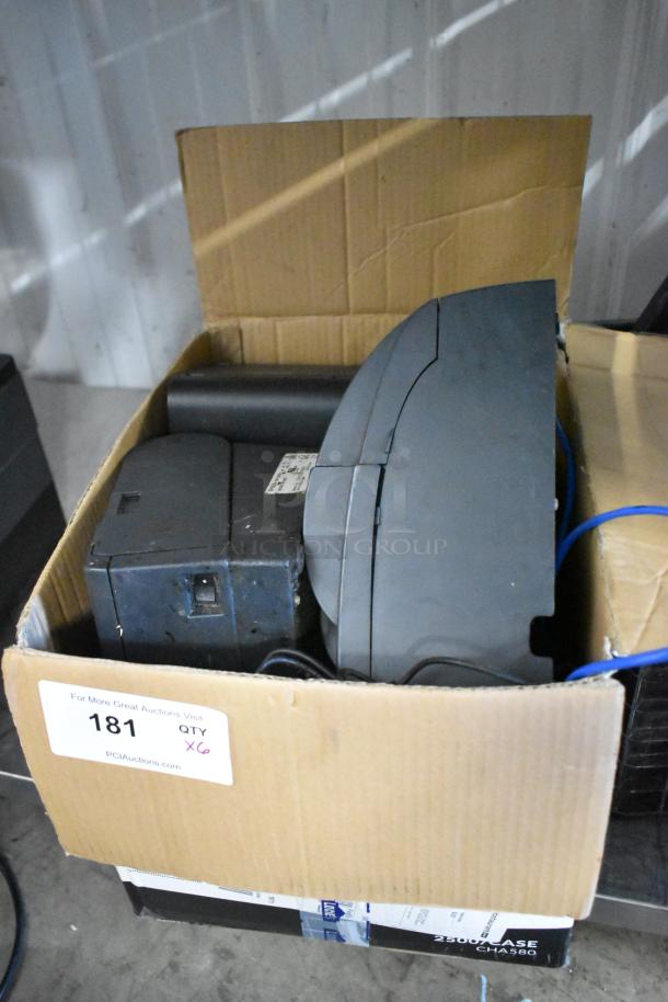Box of 6 Epson receipt printers, models M129C, M188B, TM-T20II, in used condition with visible cords. Auction label: QTY x6.