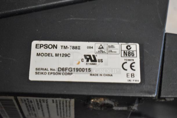 6 Epson receipt printers including models M129C, M188B, TM-T20II, visible label indicates M129C, serial D6FG190015.