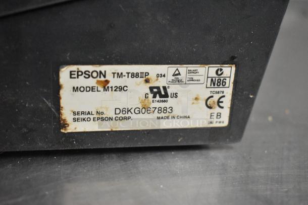 Epson receipt printer, Model M129C. Label shows TM-T88IIIP, serial D6KG067883, made in China. Used condition.