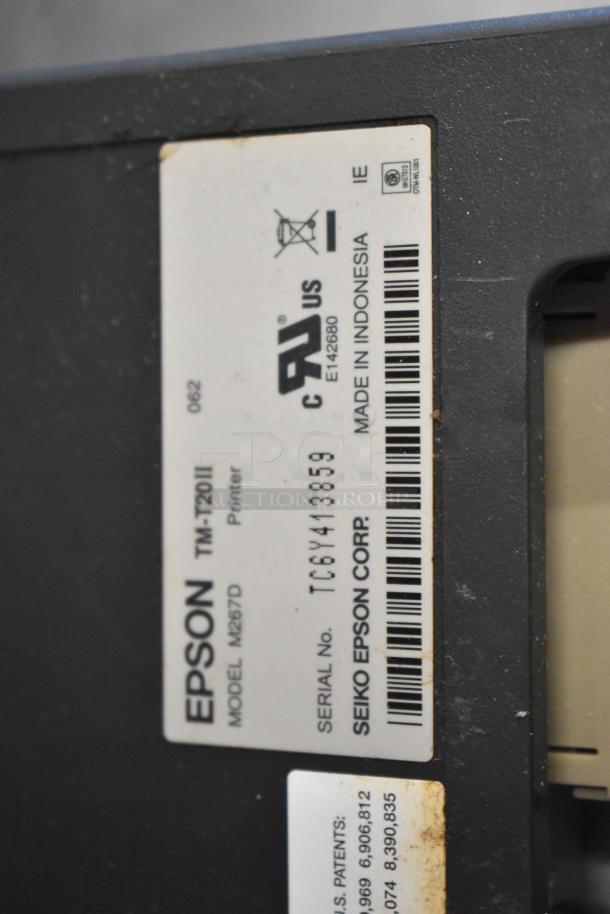 Epson receipt printer, model TM-T20II, black, label with serial number TC6Y413859, made in Indonesia.