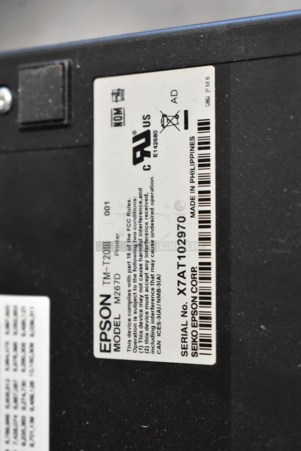 6 Epson receipt printers including models M129C, M188B, TM-T20II. Tags show model TM-T20III, serial X7AT102970.