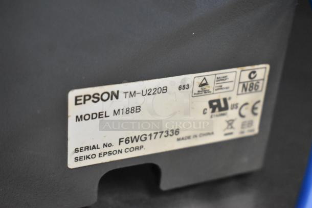 Epson receipt printer label showing model M188B, serial number F6WG177336, and certification marks. Made in China.