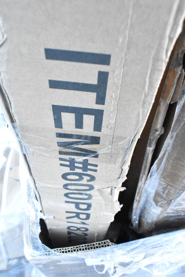 Cardboard box labeled "ITEM #600PR(82W)," part of a lot including new scratch-and-dent Regency grease trap, Flash Furniture table, and Rubbermaid cart.