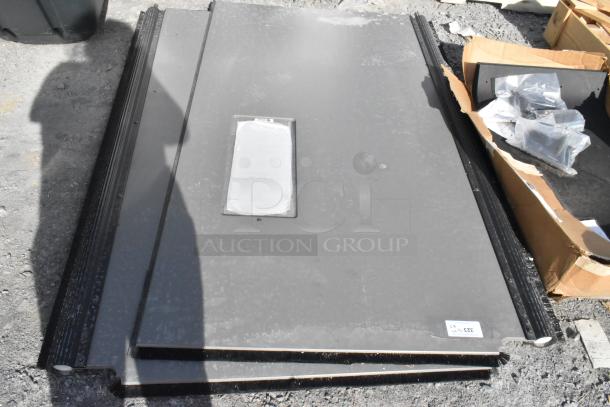 2 Mueller Door Corp swinging kitchen doors, gray color, with transparent panel; includes mounting hardware in box.