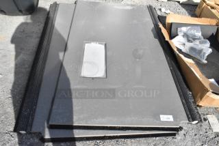 2 Mueller Door Corp swinging kitchen doors, gray color, with transparent panel; includes mounting hardware in box.