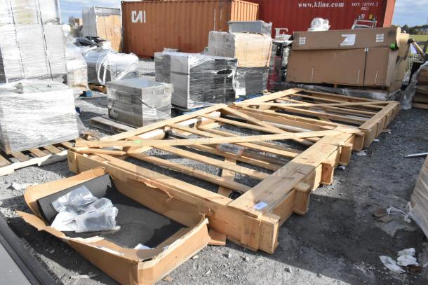 Lot of shelving pieces, scratch and dent condition, including 24"x75" door, packaged and stored outdoors.