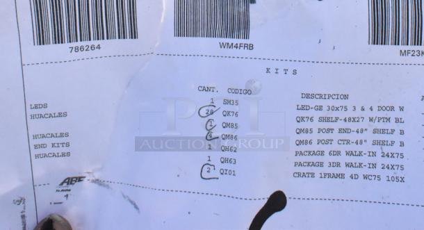 Auction item label listing components: 30x75 LED doors, 48" shelves, 24x75 walk-in packages. Unused condition.