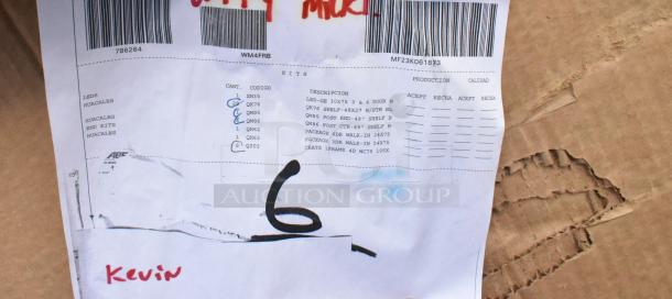 Brown cardboard box with shipping label, featuring assorted shelving pieces and a 24”x75” door, slightly dented, marked "Kevin."