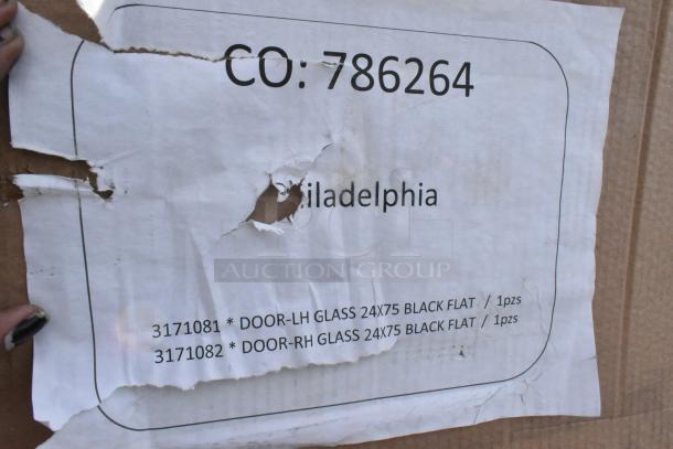 "BRAND NEW SCRATCH AND DENT! Lot of pieces including shelving, 3171081/3171082 24x75" black glass door. Box label shows CO: 786264."