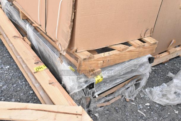 Brand new scratch and dent lot with shelving, includes 24"x75" door, visible packaging wear, item codes 3171081/3171082.