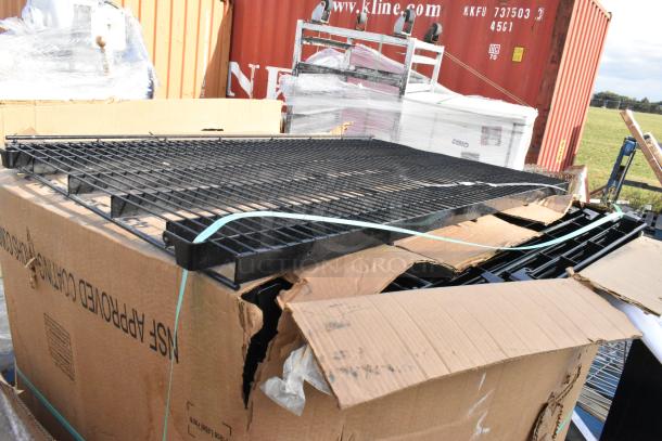 Lot of shelving pieces, scratch and dent condition, includes 24x75 inch door, visible in damaged cardboard box.