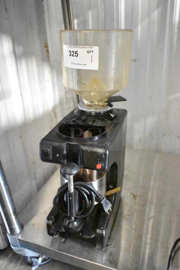 Brega Metal Commercial Espresso Bean Grinder, 115 Volts, 1 Phase, used condition with visible wear; auction label attached.