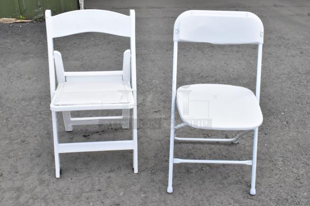 Two types of white folding banquet chairs on pavement; includes padded and metal frame designs. Auction for 90 items.