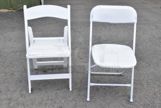 Two types of white folding banquet chairs on pavement; includes padded and metal frame designs. Auction for 90 items.