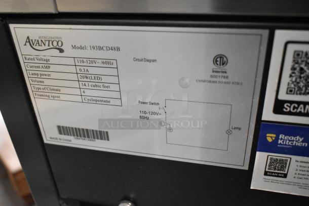 Avantco 193BCD48B commercial deli display case label, 115V, 20W lamp, 14.1 cu ft, cyclopentane, broken glass noted.