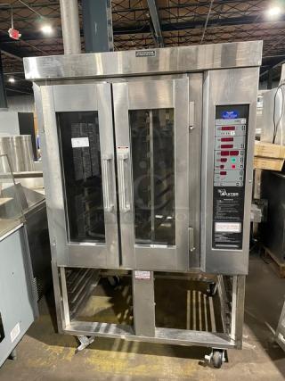 Baxter OV300G stainless steel rotating-rack convection oven, digital controls, 8-pan capacity, on casters, SN: 24-1039090.