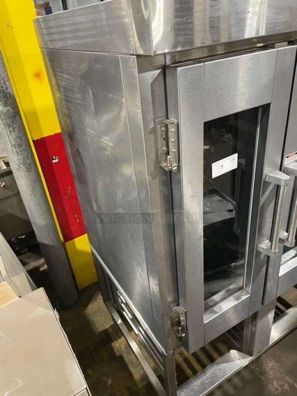 Baxter OV300G stainless steel convection oven with digital controls, 8-pan rotating rack, open-base, on casters, natural gas.