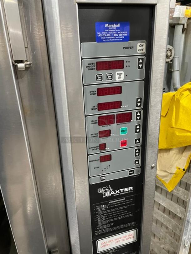 Baxter OV300G stainless steel convection oven, digital controls, gas-powered, 8-pan rotating rack, open-base.