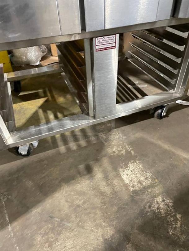 Baxter OV300G stainless steel gas convection oven, digital controls, 8-pan rotating rack, open-base, on casters.