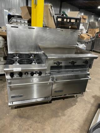 American Range Commercial Stainless Steel Natural Gas Powered 4-Burner/Raised Flat-Griddle Split Top Range & Double Oven Combo! With Built-In Broiler/Cheese Melter! With Back Splash & Wired Oven Rack! On Legs! - Item #1216335