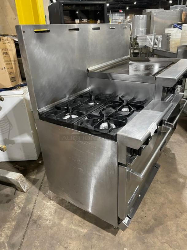 American Range commercial stainless steel 4-burner/flat-griddle range, double oven, broiler, backsplash, legs.