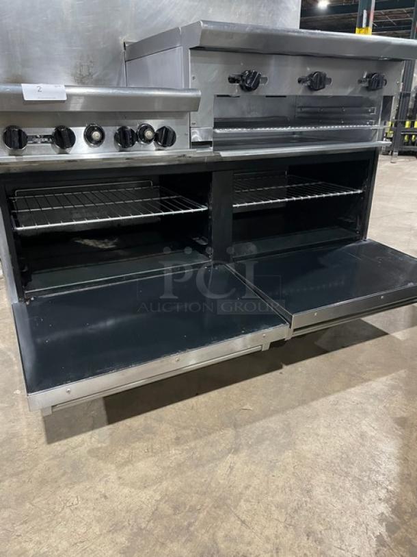 American Range stainless steel 4-burner natural gas range with griddle, double oven, broiler, backsplash, and wired racks.