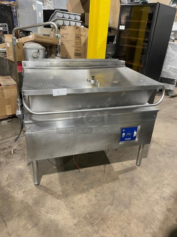Cleveland Range stainless steel electric tilt skillet with single spout swing faucet, on legs, good condition.