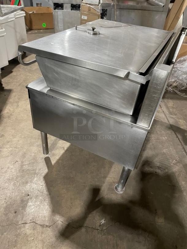 Cleveland Range stainless steel electric tilt braising pan with single spout swing faucet, on legs, in good condition.