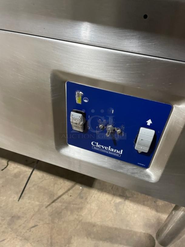 Cleveland Range stainless steel electric tilt skillet with faucet, control panel, on legs; used condition.