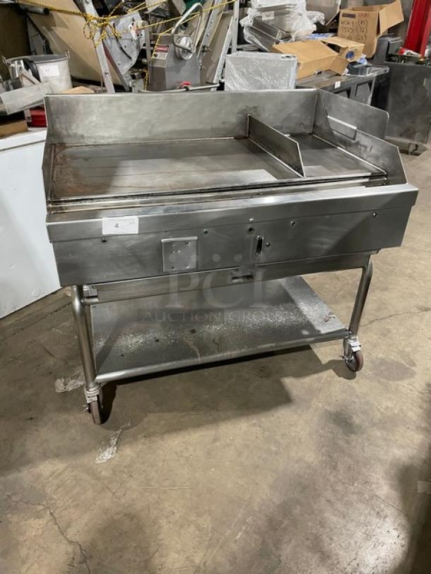 WoodStone commercial stainless steel gas flat griddle with back and side splash, single undershelf cart, on casters.
