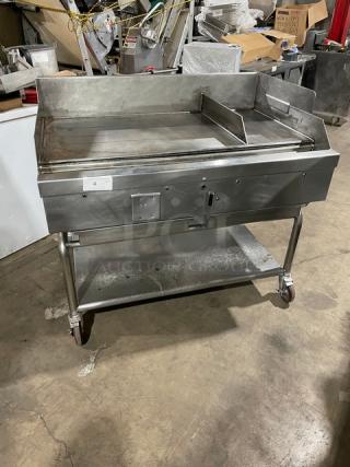 WoodStone commercial stainless steel gas flat griddle with back and side splash, single undershelf cart, on casters.