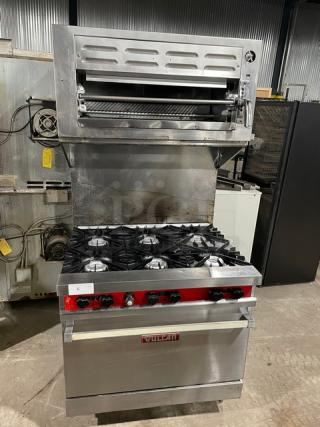 Vulcan Commercial Stainless Steel Natural Gas Powered 6-Burner Range/Oven Combo! With Back Splash & Overhead Salamander Broiler/Cheese Melter! With Wired Oven Rack! On Legs! - Item #1216339