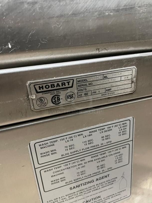 Hobart LX30H commercial stainless steel undercounter dishwasher, model LX30H, SN: 23-1021-438, 120/208V, 1 phase, NSF certified.