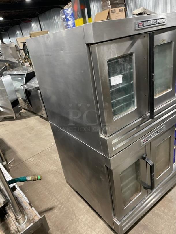 Bakers Pride Cyclone Series CO11G1 double convection oven, stainless steel, on casters, natural gas/electric, with wired rack.