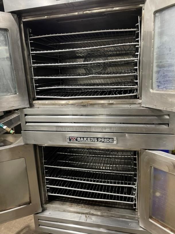 Bakers Pride Cyclone Series double stacked convection oven, model CO11-G1, stainless steel, on casters, 120V 1 phase.
