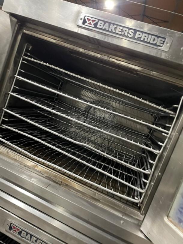 Bakers Pride Cyclone Series stainless steel double convection oven, model CO11G1. Features wired rack, on casters.