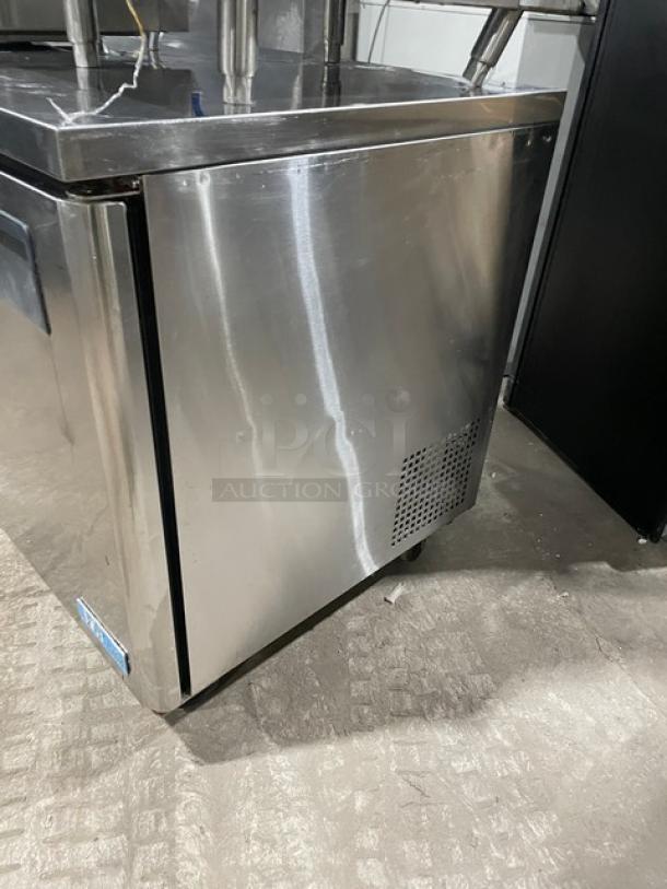 Turbo Air M3 Series stainless steel 2-door undercounter worktop freezer, model MUF-48, on casters, Energy Star certified.