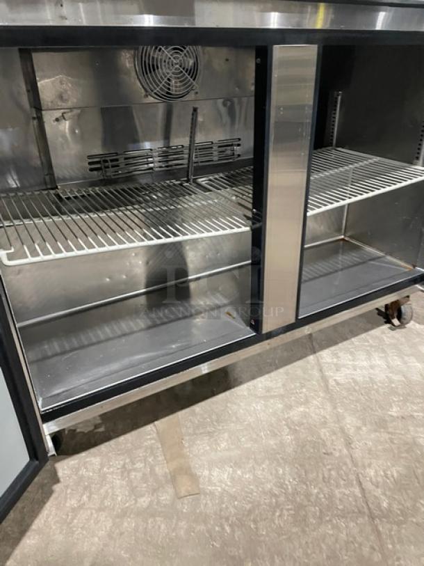 Turbo Air M3 Series 2 Door Undercounter Worktop Freezer MUF-48 with poly-coated rack, Energy Star certified, on casters.